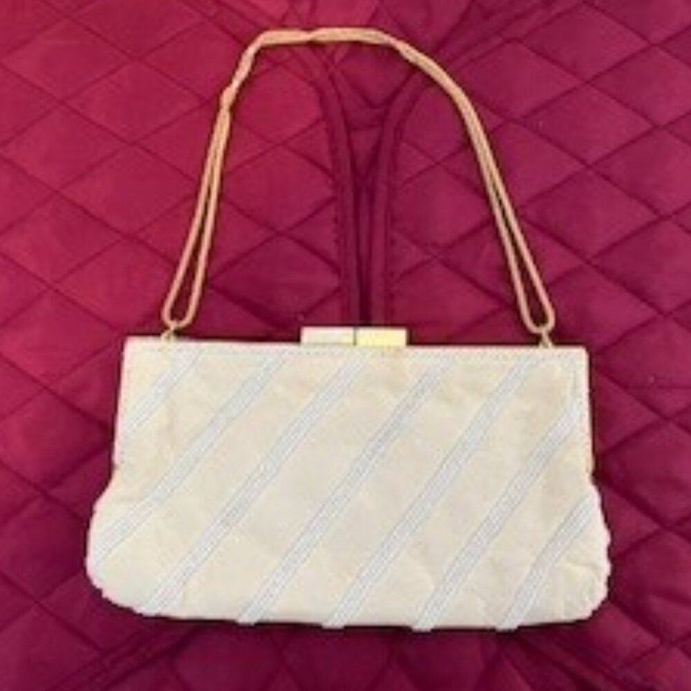 Vintage Cream Beaded Clutch with Gold Chain